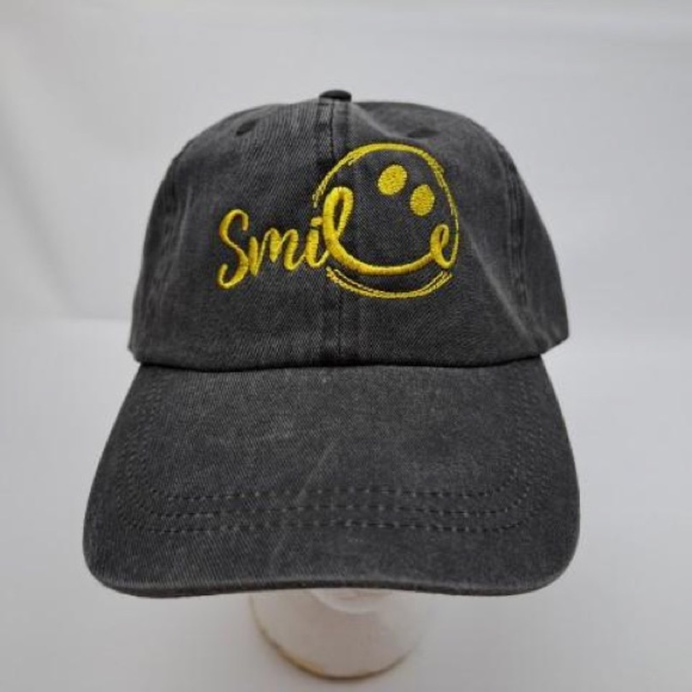Smile smiley face embroidered hat cap gray washed cotton